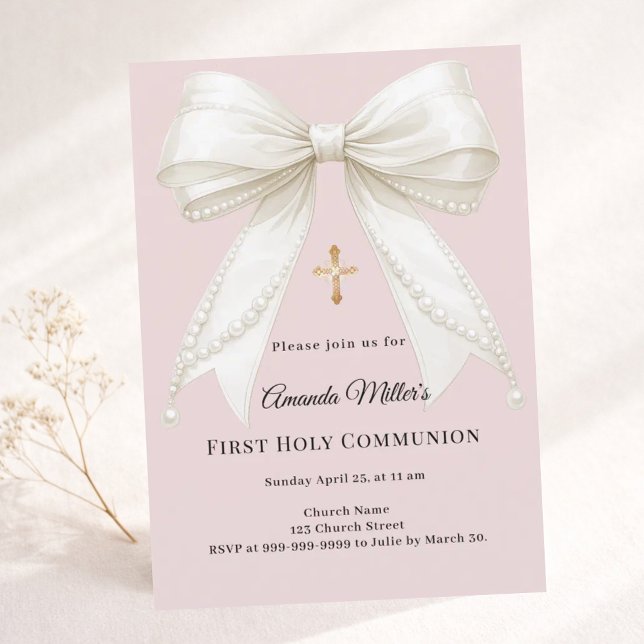 Invitation Première communion avec ruban rose poussiéreux et  (Créateur téléchargé)