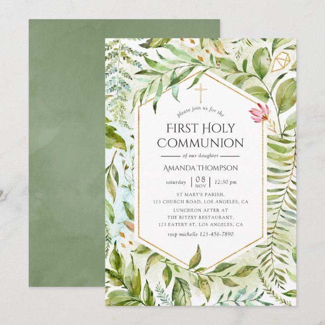 Invitation Première communion avec verdure cristalline géomét (Devant / Derrière)