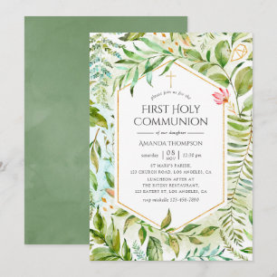 Invitation Première communion avec verdure cristalline géomét