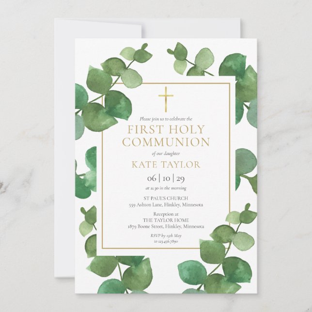 Invitation Première communion avec verdure d'eucalyptus (Devant)
