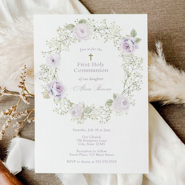 Invitation Première communion Baby's Breath et roses violette (Créateur téléchargé)