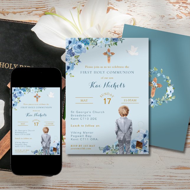 Invitation Première Communion Baptême Blonde Boy Dusky Blue (Créateur téléchargé)