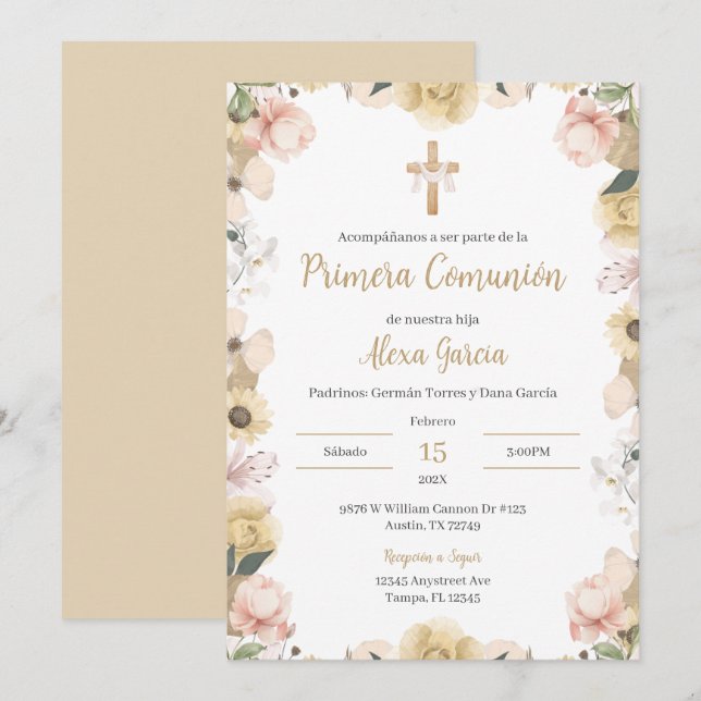 Invitation Première communion beige florale (Devant / Derrière)