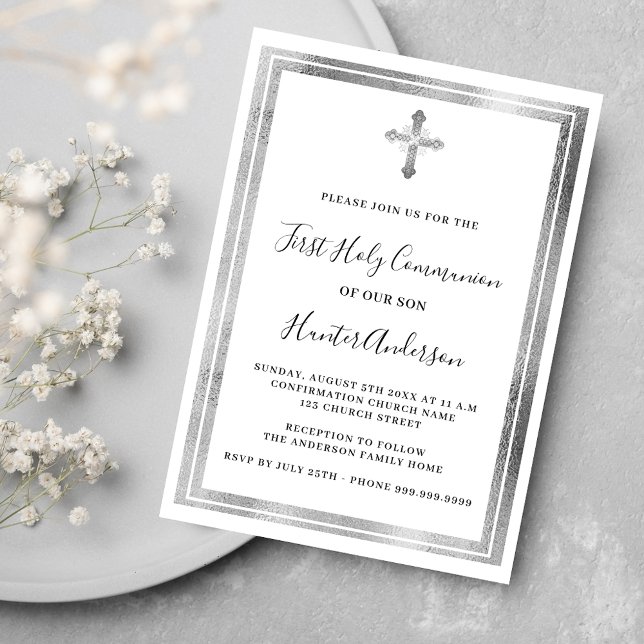 Invitation Première communion blanc argent croix luxe (Créateur téléchargé)