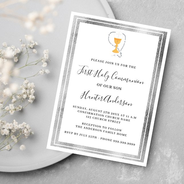 Invitation Première communion blanc chalice argent hôte luxe (Créateur téléchargé)