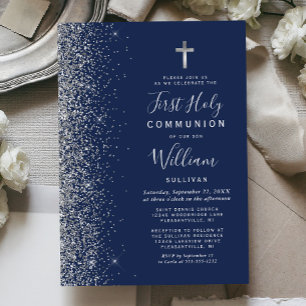 Invitation Première communion bleu marine bordure pailletée a