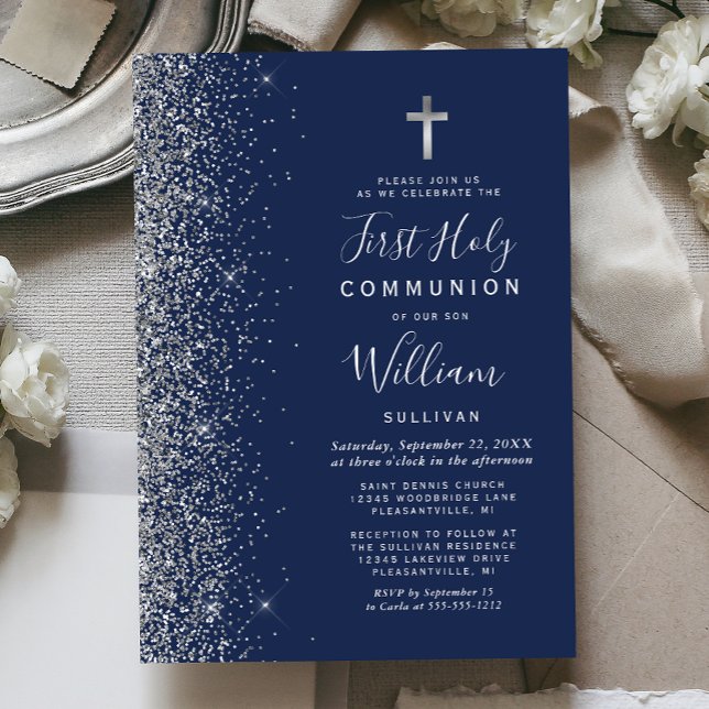 Invitation Première communion bleu marine bordure pailletée a (Créateur téléchargé)