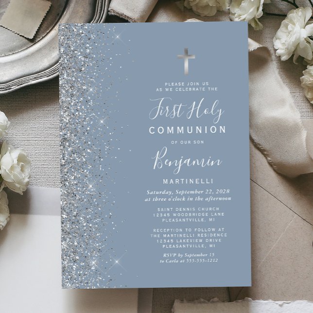 Invitation Première communion Bleu poussiéreux avec lisière p (Créateur téléchargé)