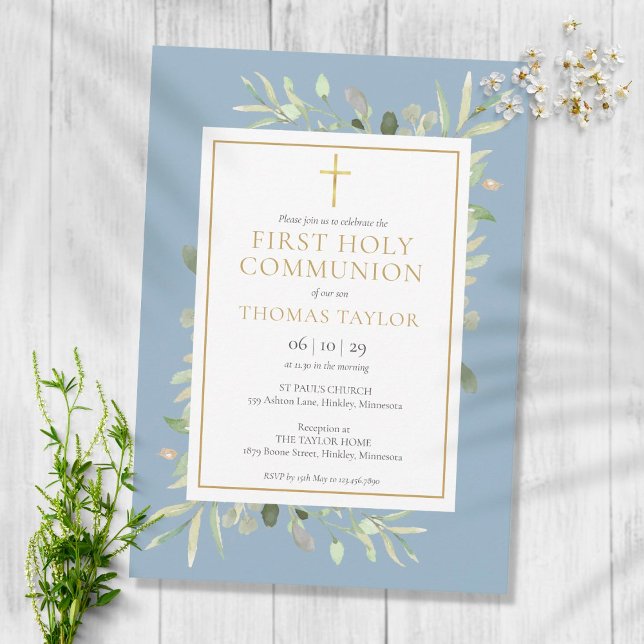 Invitation Première communion bleu poussiéreux avec verdure (Créateur téléchargé)