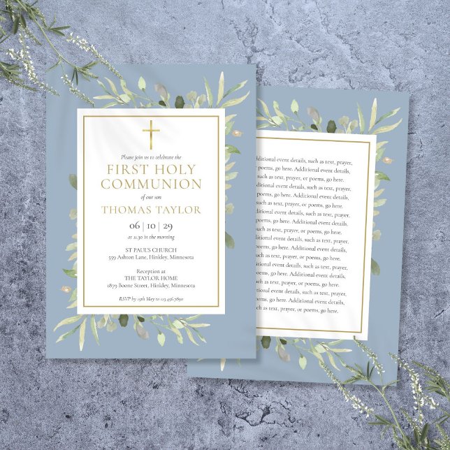 Invitation Première communion bleu poussiéreux avec verdure (Greenery Dusty Blue First Holy Communion Invitation)