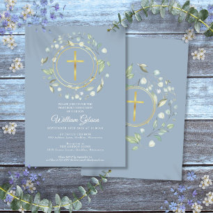 Invitation Première communion bleu poussiéreux avec verdure d