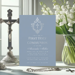 Invitation Première communion bleu poussiéreux croix à armoir