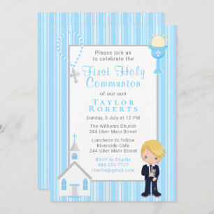 Invitation Première Communion Bleu Stripes Blonde Hair Boy In