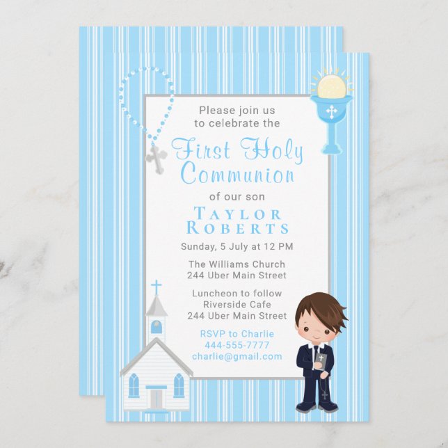 Invitation Première Communion Bleu Stripes Brown Cheveux Garç (Devant / Derrière)