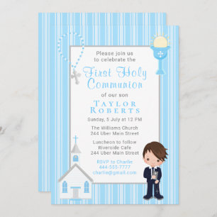 Invitation Première Communion Bleu Stripes Brown Cheveux Garç
