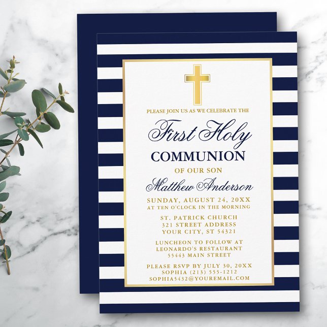Invitation Première Communion Bleue Or rayé (Customize to change text size, color or text style.)