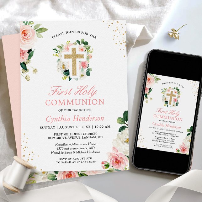 Invitation Première Communion Blush rose Floral Parties scint (Créateur téléchargé)