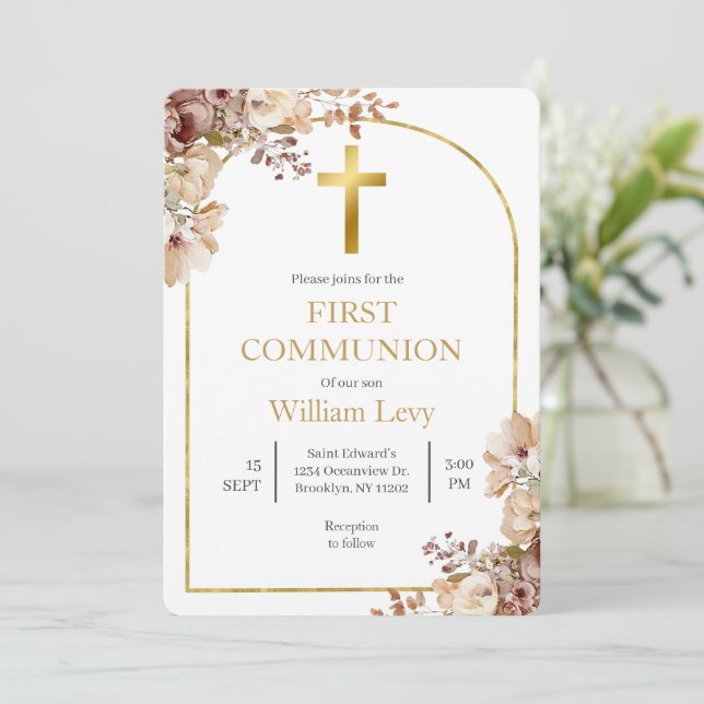 Invitation Première communion bohème florale d'automne (Debout devant)