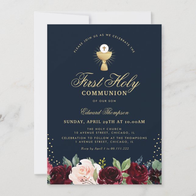 Invitation première communion bordeaux bleu floral (Devant)