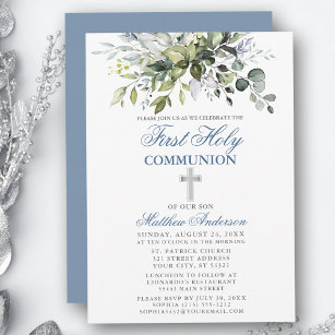 Invitation Première communion botanique Silver Dusty Blue