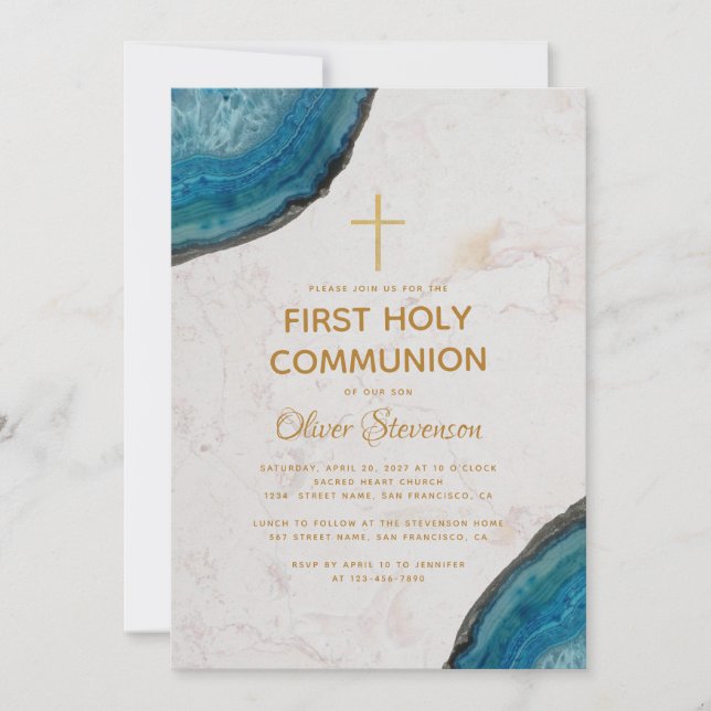 Invitation Première communion Boy Blue Geode Marble Gold Cros (Devant)