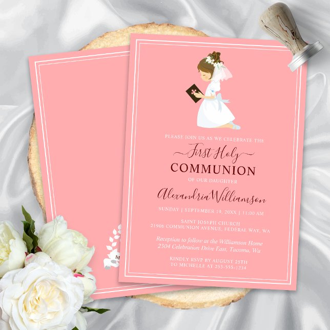 Invitation Première communion Brunette Girl Pink (First Communion Brunette Girl Peach Pink Invitation)