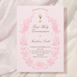 Invitation première communion cadre floral rose