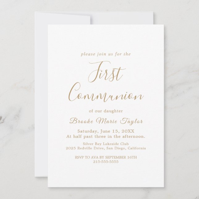 Invitation Première communion calligraphie or délicate  (Devant)