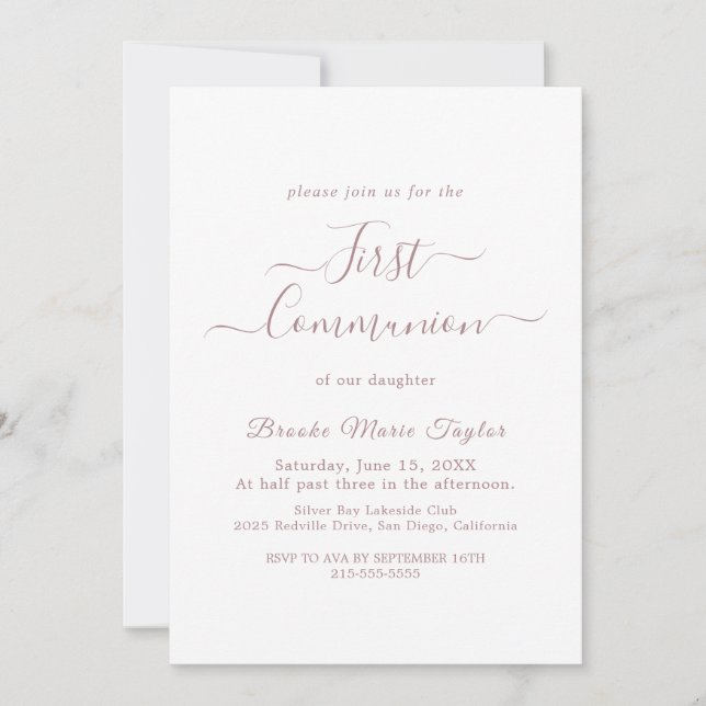 Invitation Première Communion Calligraphie Or Rose Élégante  (Devant)
