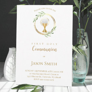 Invitation première communion catholique cercle d'or feuilles