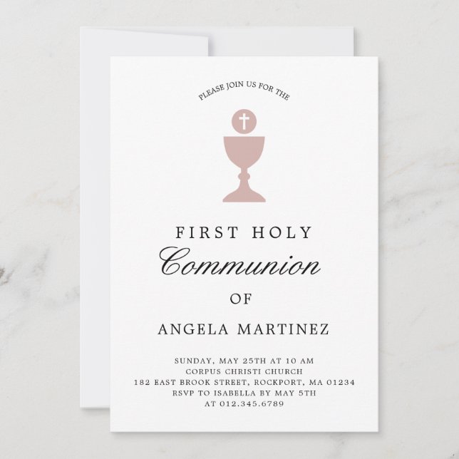 Invitation Première communion catholique Dusty rose blanc (Devant)