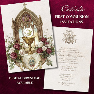 Invitation Première Communion Chalice Hôte Bourgogne Roses Bl