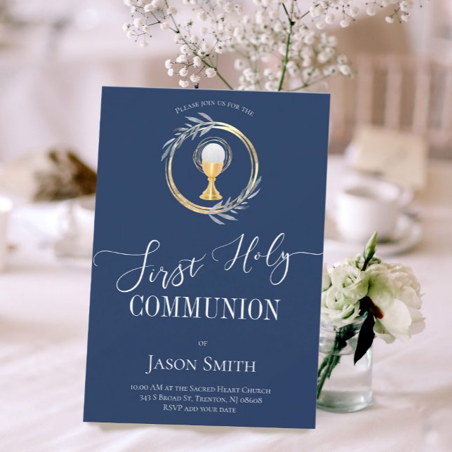 Invitation Première communion classique bleu et faux or (Créateur téléchargé)
