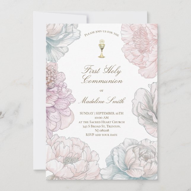 Invitation première communion couleurs pastel pivoines  (Devant)