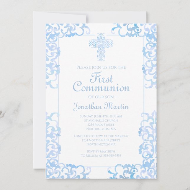 Invitation Première communion Croix Bleu Damas Christian Boy (Devant)