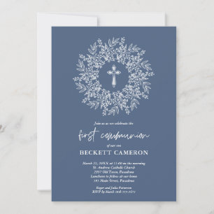 Invitation Première communion Croix Bleue Religieuse Moderne