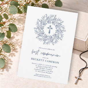 Invitation Première communion Croix Bleue Religieuse Moderne