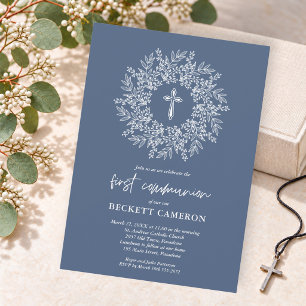 Invitation Première communion Croix Bleue Religieuse Moderne