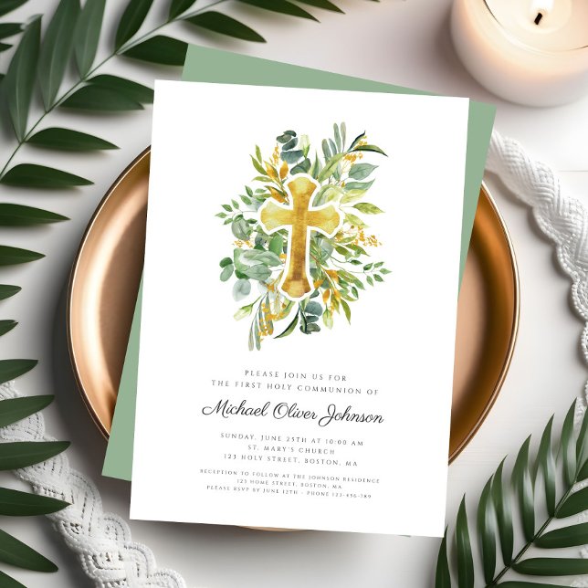 Invitation Première communion croix botanique élégante (Elegant Botanical Cross First Communion Invitation)