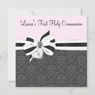 Invitation Première communion croix coeur en damas rose noir