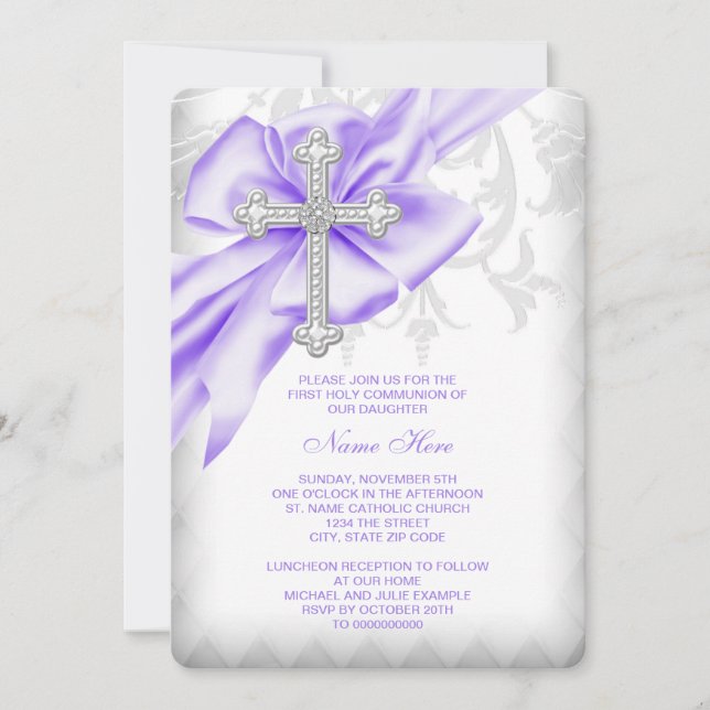 Invitation Première communion croix damas lavande (Devant)