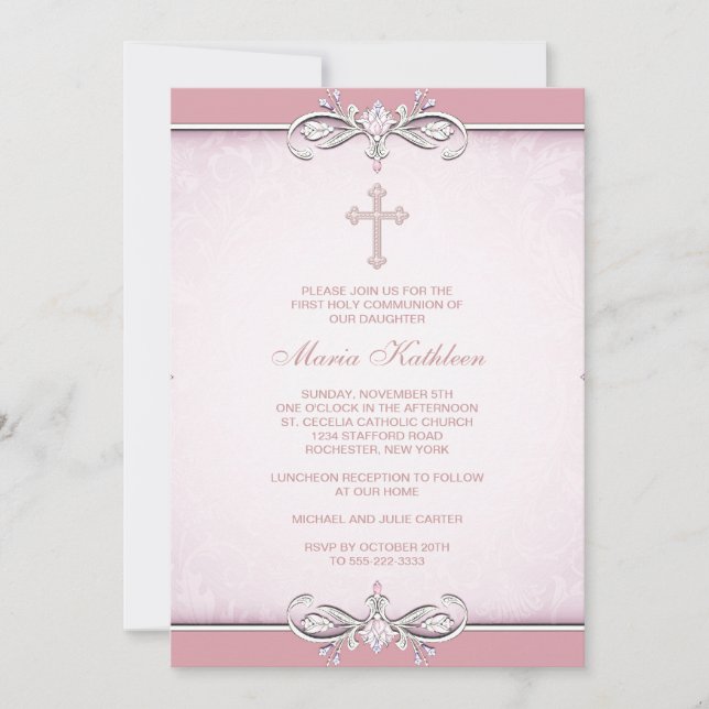 Invitation Première communion croix damassée rose (Devant)
