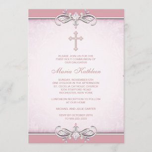 Invitation Première communion croix damassée rose