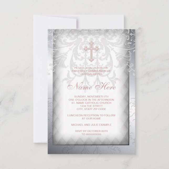 Invitation Première communion croix damassée rose (Devant)