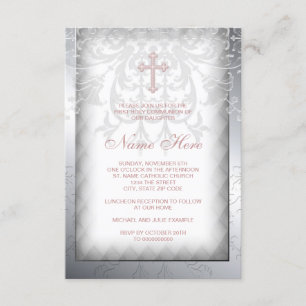 Invitation Première communion croix damassée rose