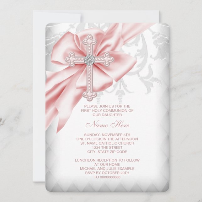 Invitation Première communion croix damassée rose (Devant)