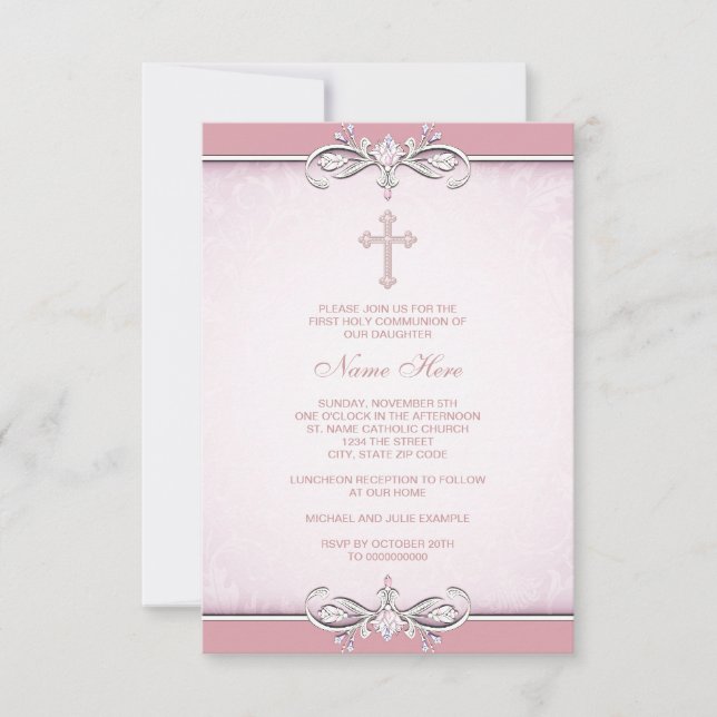 Invitation Première communion croix damassée rose (Devant)