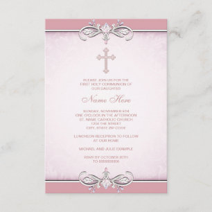 Invitation Première communion croix damassée rose