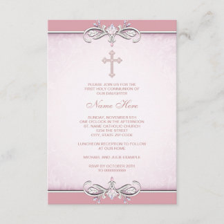 Invitation Première communion croix damassée rose