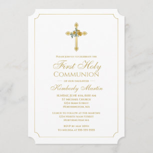 Invitation Première communion Croix d'or avec Roses d'or Chri